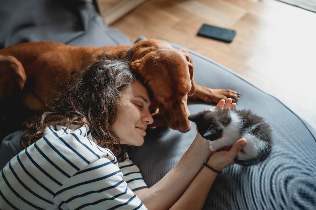 En kvinde ligger med en kat og en hund på gulvet