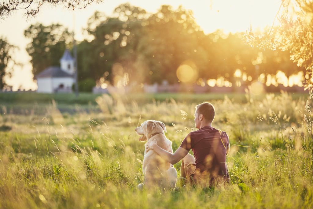 Mand sidder med sin hund udenfor og holder om den