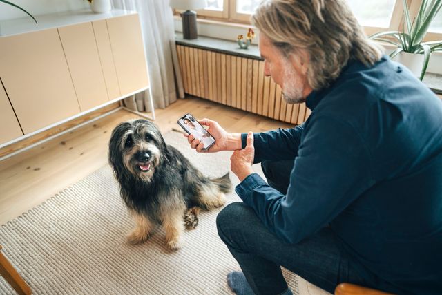En mand kontakter Agrias digitale dyrlægerådgivning om sin hund.