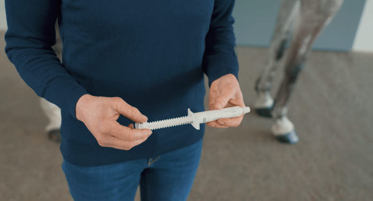 Dyrlæge står med ormekur i håndenavmaskar en häst.