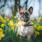Fransk bulldog på mark med blomster